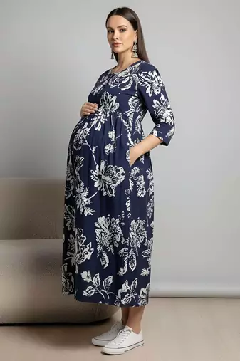 Blue cotton printed maternity dress for women