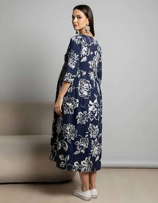Blue cotton printed maternity dress for women 4