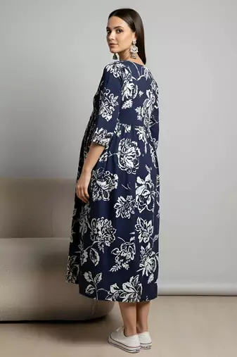 Blue cotton printed maternity dress for women