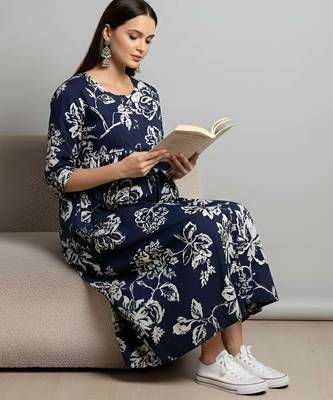 Blue cotton printed maternity dress for women 5