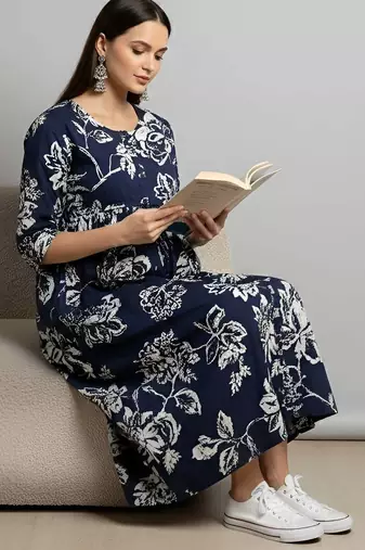 Blue cotton printed maternity dress for women