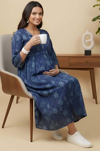Blue cotton printed maternity dress for women