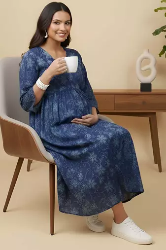 Blue cotton printed maternity dress for women