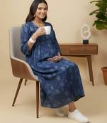 Blue cotton printed maternity dress for women