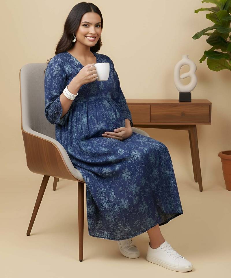 Blue cotton printed maternity dress for women
