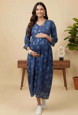 Blue cotton printed maternity dress for women 2