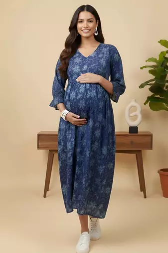 Blue cotton printed maternity dress for women