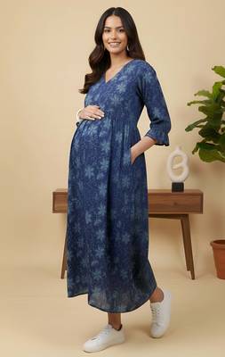 Blue cotton printed maternity dress for women 3