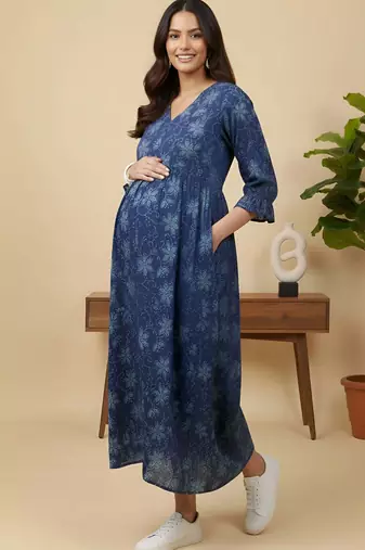 Blue cotton printed maternity dress for women
