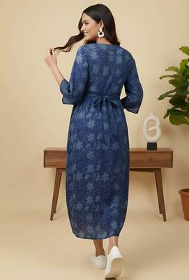 Blue cotton printed maternity dress for women 4