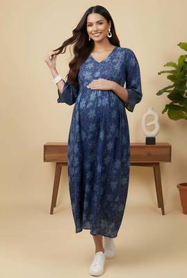 Blue cotton printed maternity dress for women 5