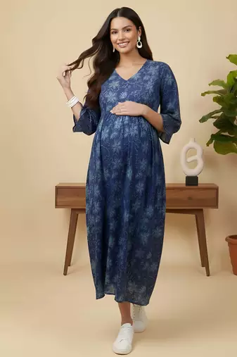Blue cotton printed maternity dress for women