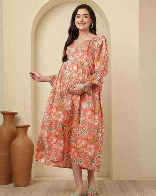 Peach cotton printed maternity dress for women 1