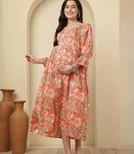 Peach cotton printed maternity dress for women