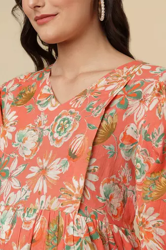 Peach cotton printed maternity dress for women