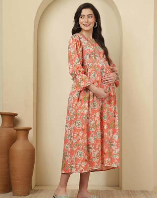 Peach cotton printed maternity dress for women 3