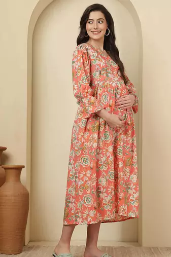 Peach cotton printed maternity dress for women