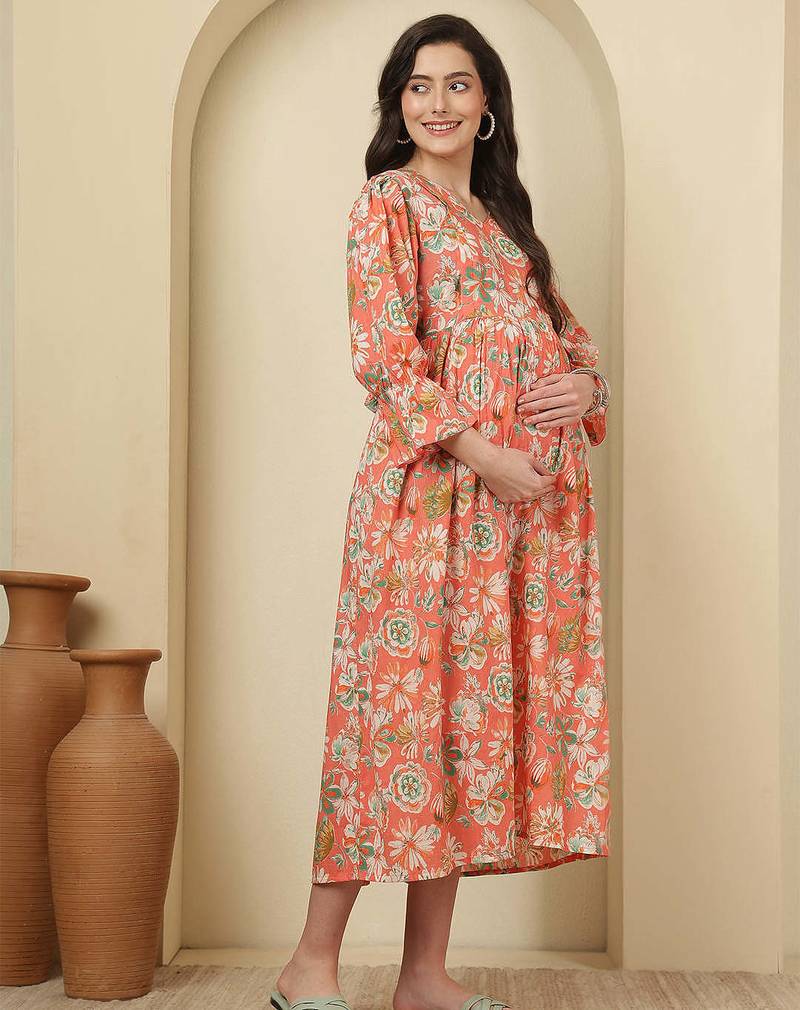 Peach cotton printed maternity dress for women