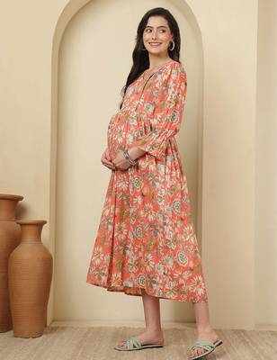 Peach cotton printed maternity dress for women 4