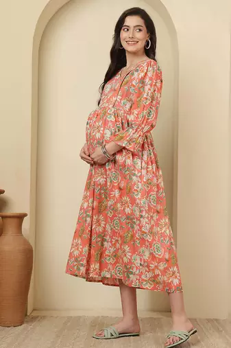 Peach cotton printed maternity dress for women