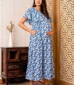 Blue cotton printed maternity dress for women