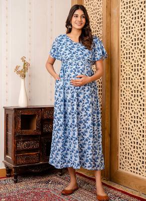 Blue cotton printed maternity dress for women 2