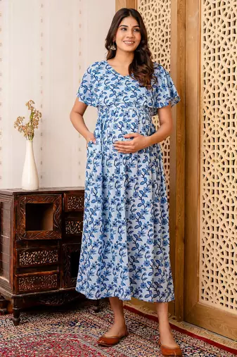 Blue cotton printed maternity dress for women