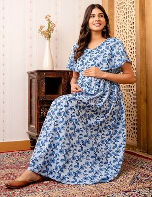 Blue cotton printed maternity dress for women 3