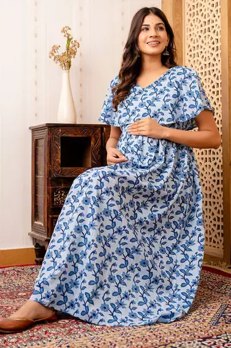 Blue cotton printed maternity dress for women