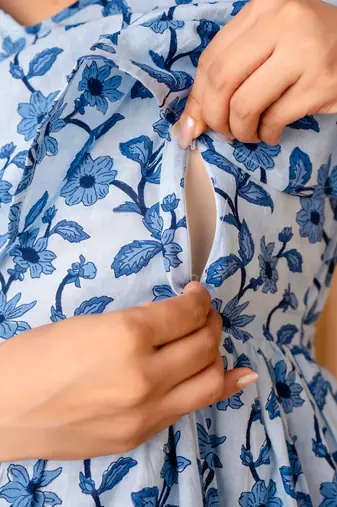 Blue cotton printed maternity dress for women