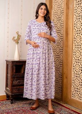 Purple cotton printed maternity dress for women 1