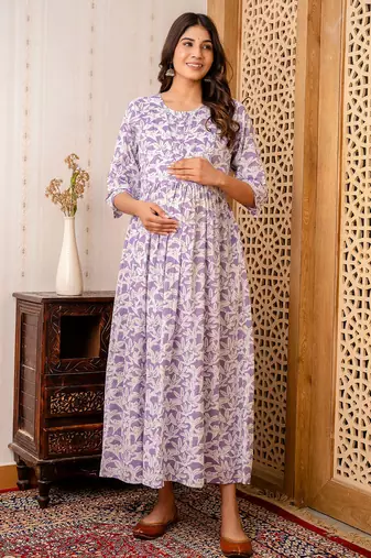 Purple cotton printed maternity dress for women