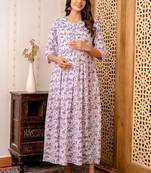 Purple cotton printed maternity dress for women