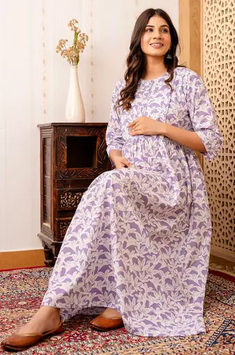 Purple cotton printed maternity dress for women