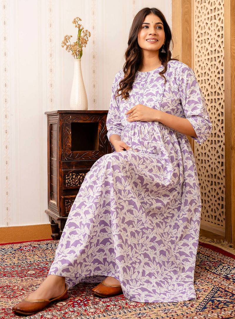 Purple cotton printed maternity dress for women