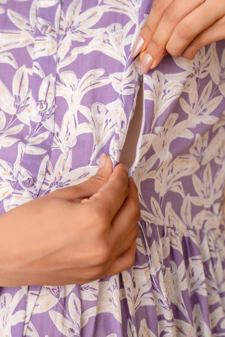 Purple cotton printed maternity dress for women