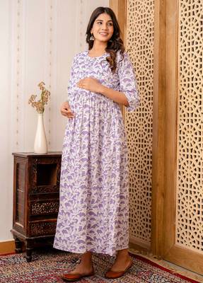 Purple cotton printed maternity dress for women 4
