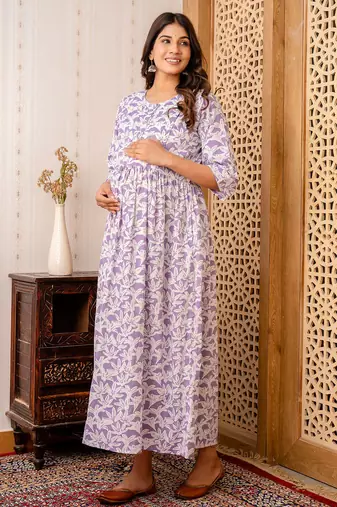 Purple cotton printed maternity dress for women