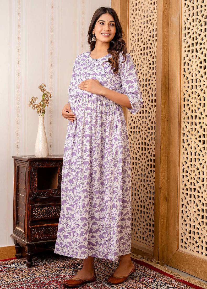 Purple cotton printed maternity dress for women