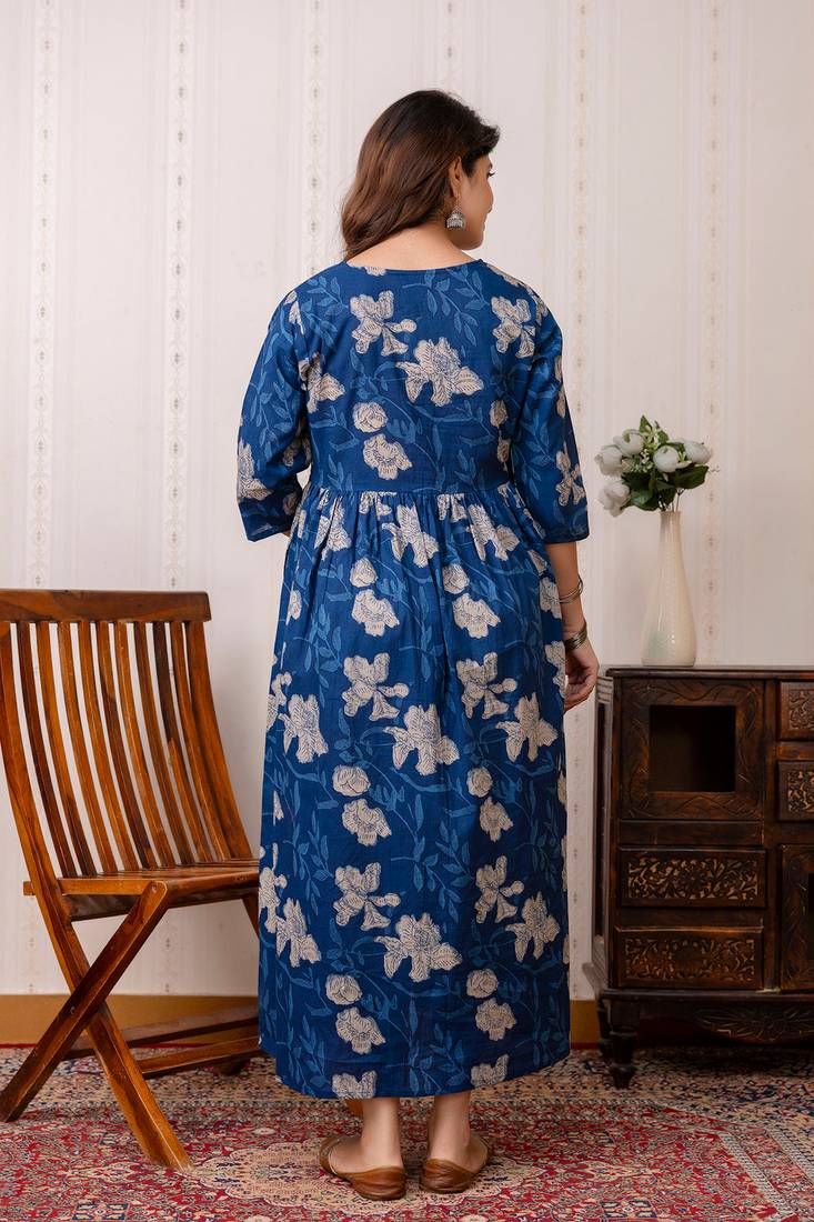 Purple cotton printed maternity dress for women