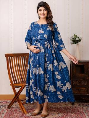 Blue cotton printed maternity dress for women 1