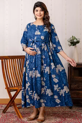 Blue cotton printed maternity dress for women