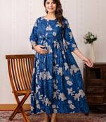 Blue cotton printed maternity dress for women