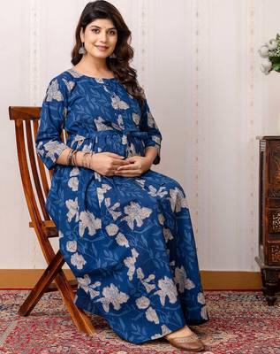 Blue cotton printed maternity dress for women 2