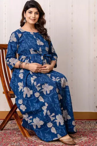 Blue cotton printed maternity dress for women