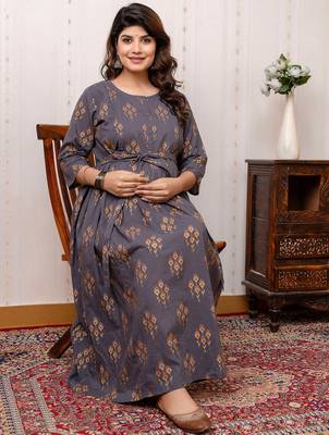 Blue cotton printed maternity dress for women 5