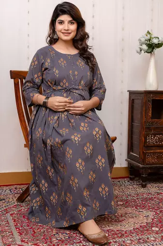 Blue cotton printed maternity dress for women