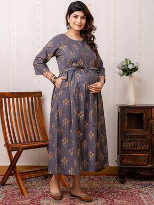 Grey cotton printed maternity dress for women 1