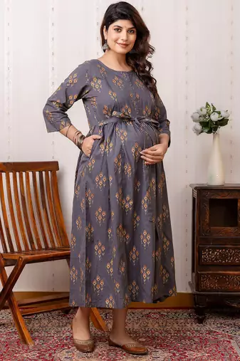 Grey cotton printed maternity dress for women