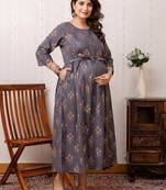 Grey cotton printed maternity dress for women
